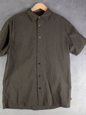 Anian Shirt Mens Extra Large Olive Green Button Up Cotton Linen Short Sleeve